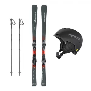 Esquís, bastones y casco de gama alta