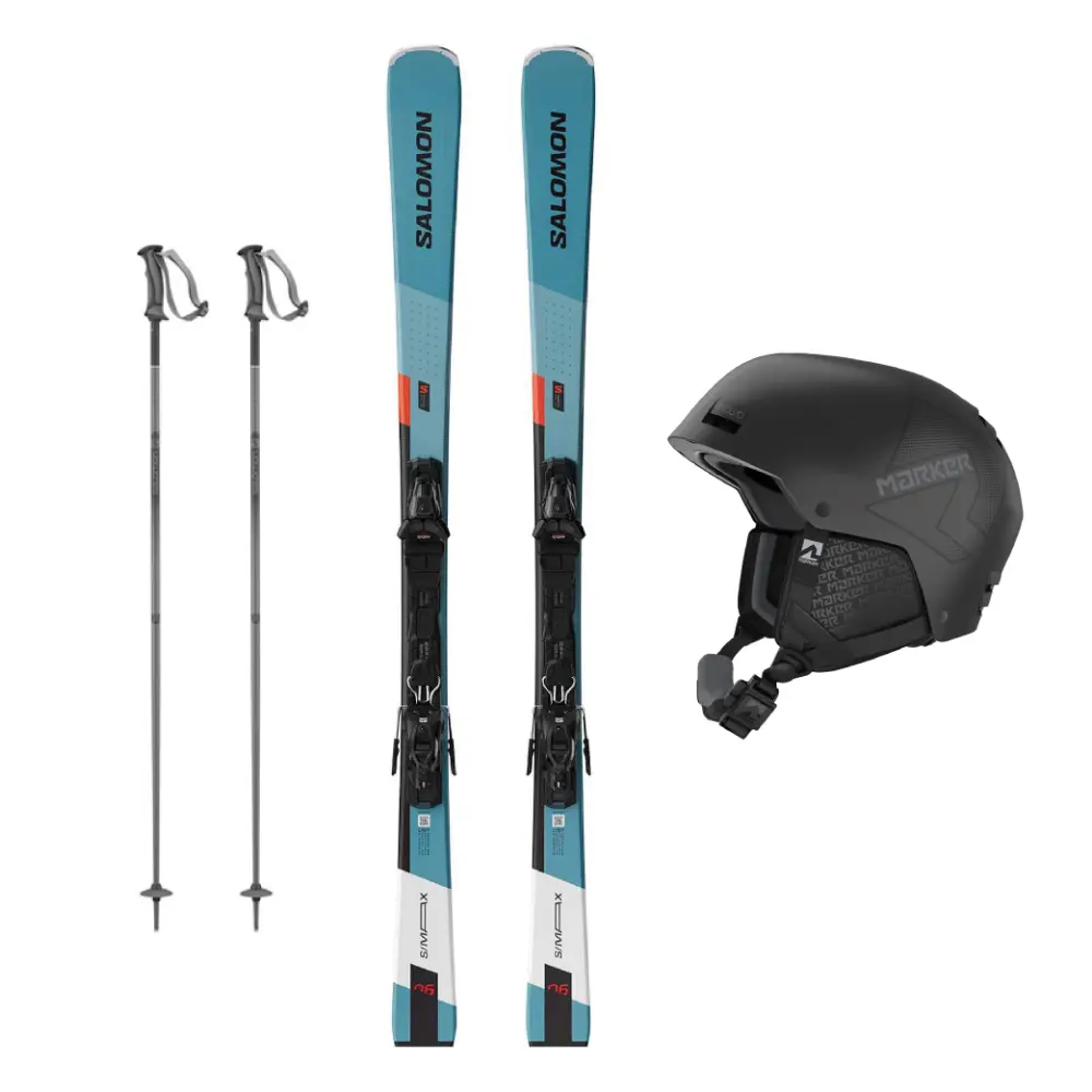 Esquís, bastones y casco de gama media